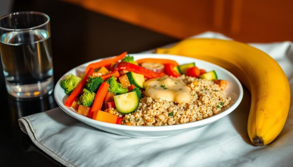 A plate of a light, healthy dinner and a banana for a bedtime snack