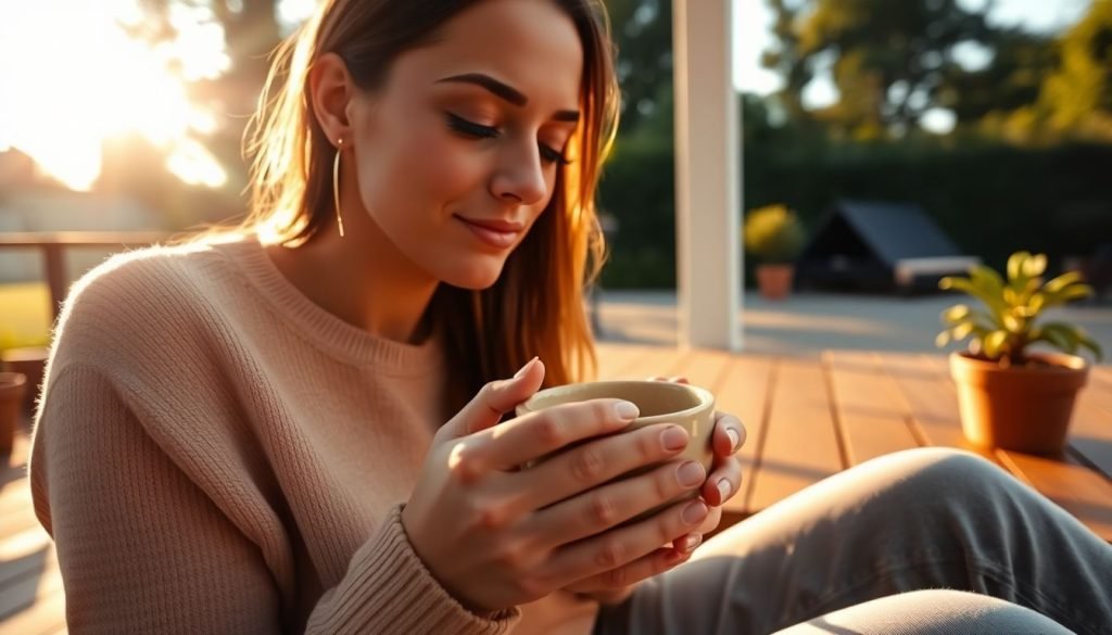 A lady sipping coffee outside in the morning sun, looking refreshed and peaceful.